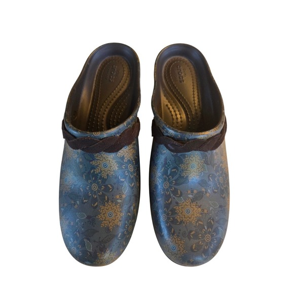 Crocs Floral Pattern Clogs Heel Brown Braided Accent Size 8W - Picture 2 of 7